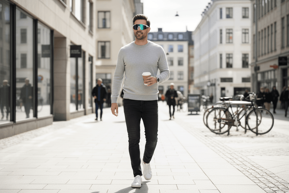 Man wearing Lige Pro 2 AI sports glasses with white frames and blue lenses, enjoying a coffee while walking in the city.