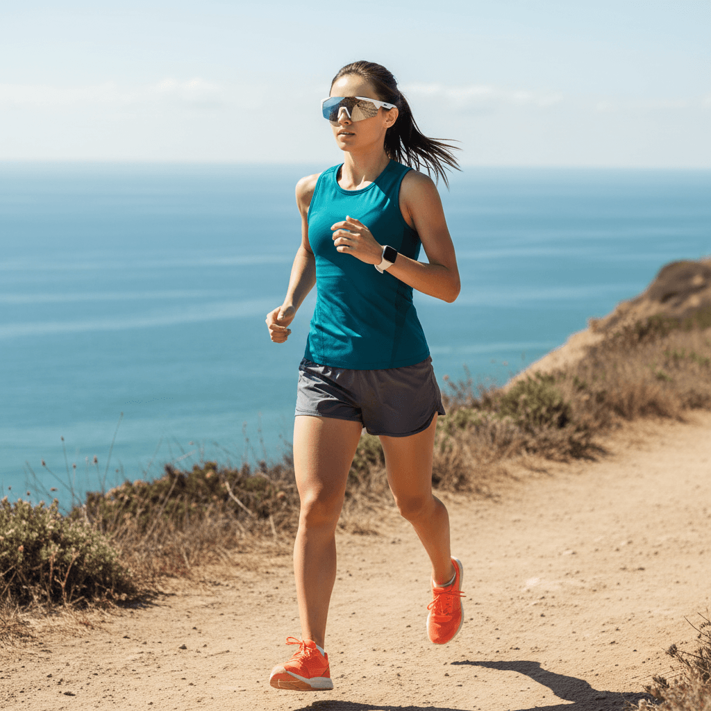 Woman jogging outside wearing Lige Pro 2 AI sports glasses with polarized lenses along a coastal path.