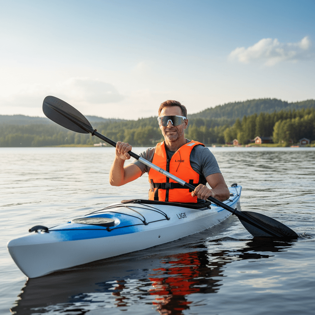 Man kayaking in a lake wearing Lige Pro 2 AI sports glasses with white frames and silver lenses, enjoying outdoor activities.