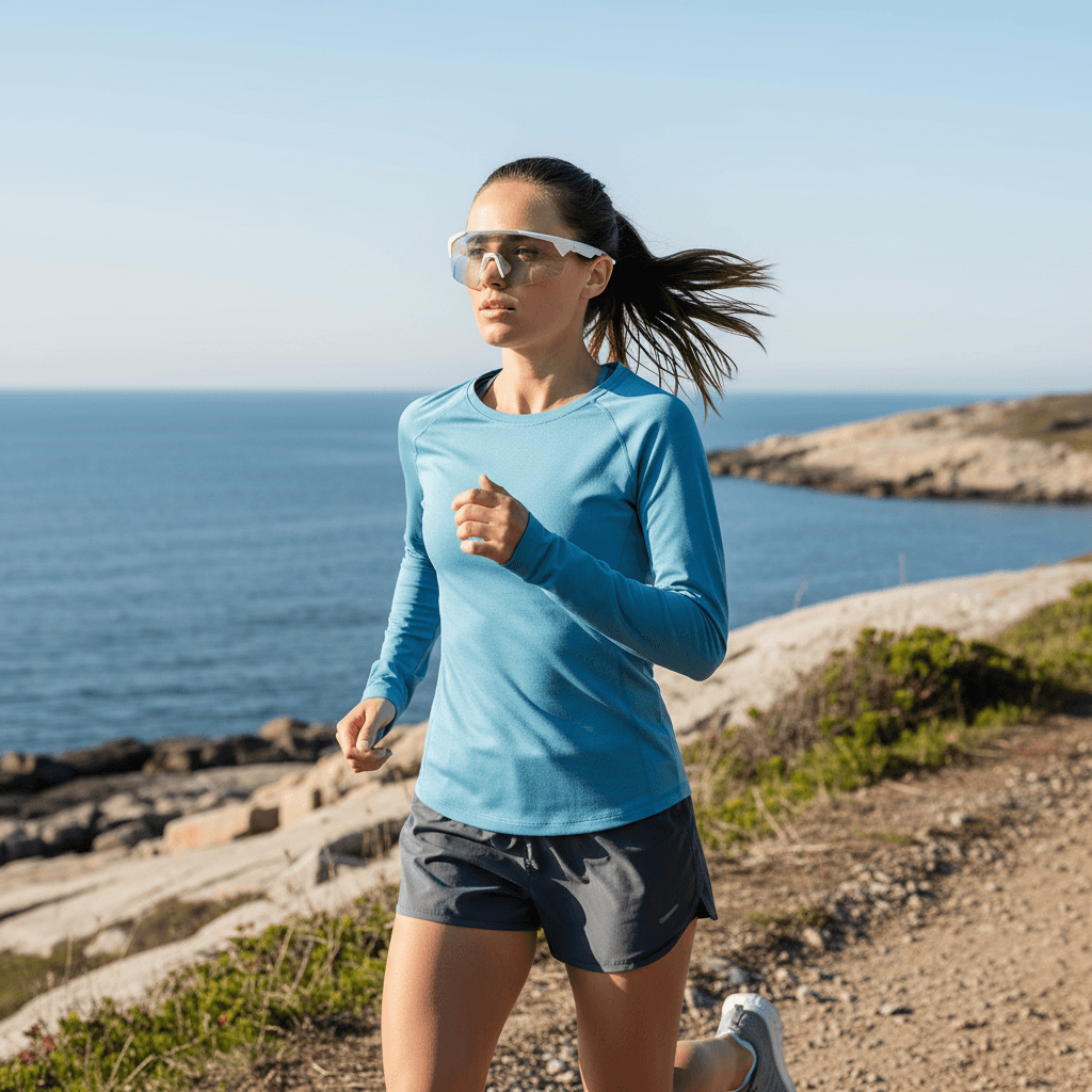 Woman running by the sea wearing Lige Pro 2 AI sports glasses with polarized lenses and blue sports attire.