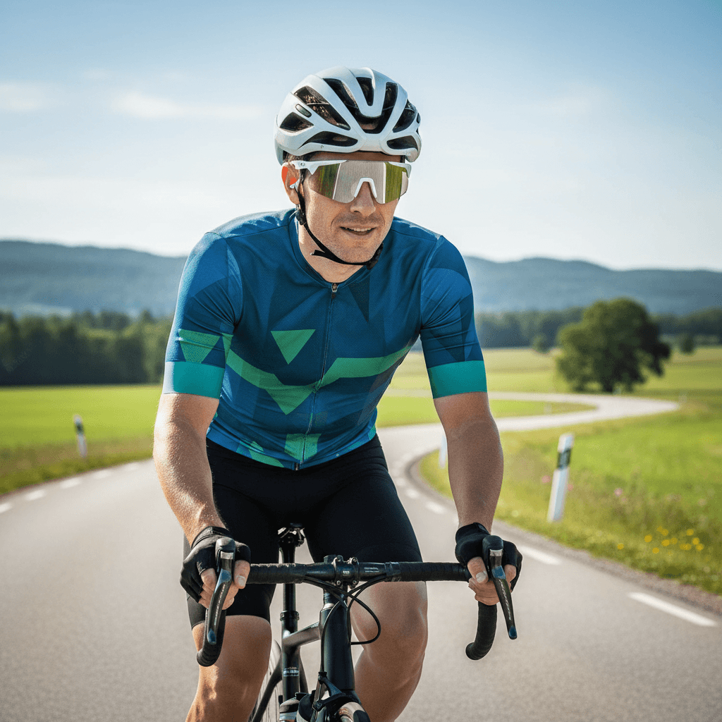 Cyclist wearing Lige Pro 2 AI sports glasses with white frames and light gray lenses on a sunny road.