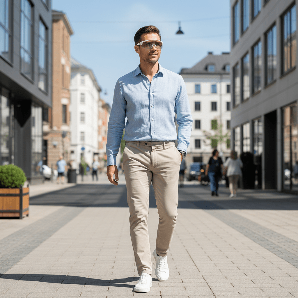 Man wearing Lige Pro 2 AI Sports Glasses with white frames and light gray lenses while walking in the city.