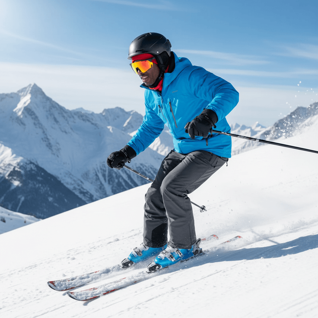 Person skiing on snowy slopes in blue jacket and orange lenses, showcasing sports glasses in action.