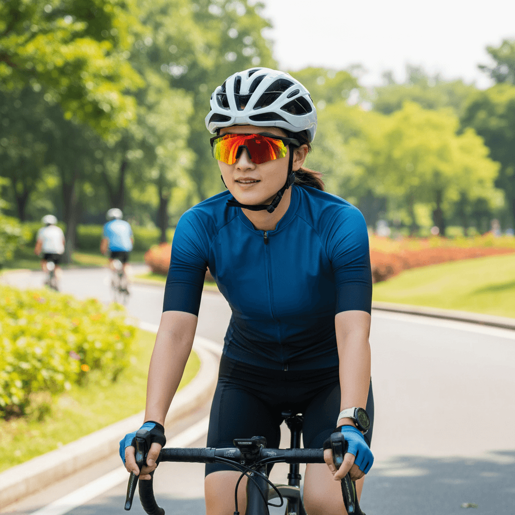 Person riding a bike wearing Lige Pro 2 AI sports glasses with black frames and orange lenses, in a lush outdoor setting.
