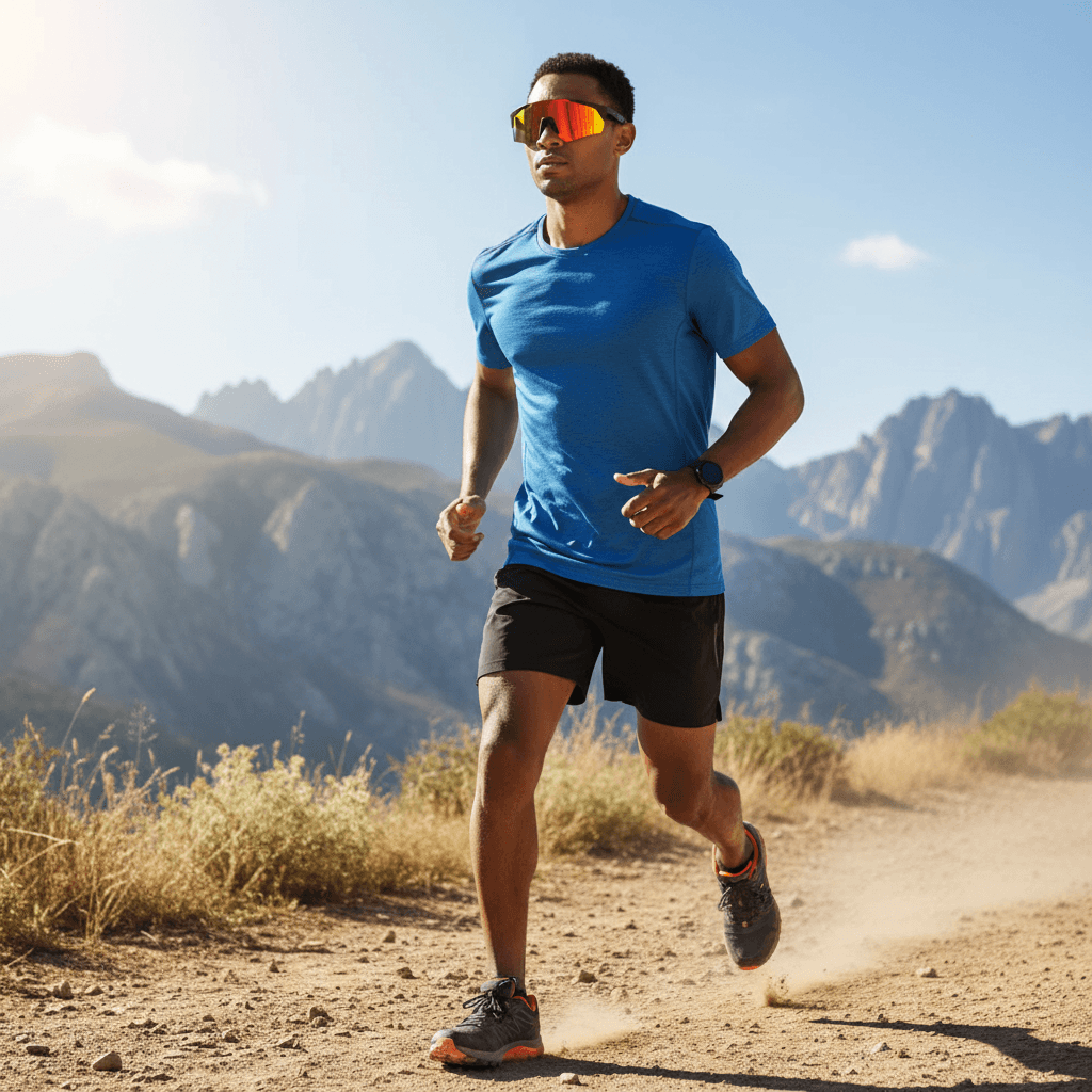Man running on a trail wearing Lige Pro 2 AI Sports Glasses with black frames and orange lenses.
