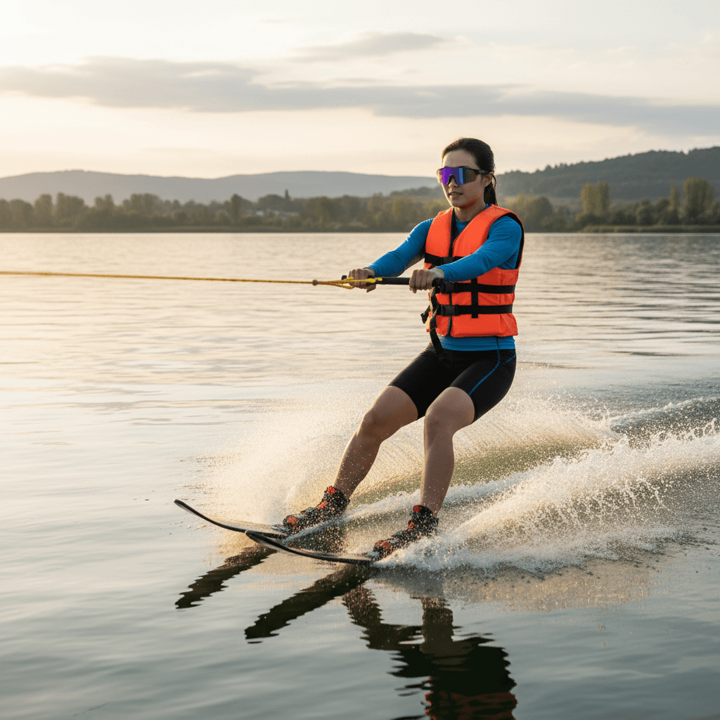 Person water skiing wearing Lige Pro 2 AI sports glasses with purple lenses, enjoying outdoor activity.