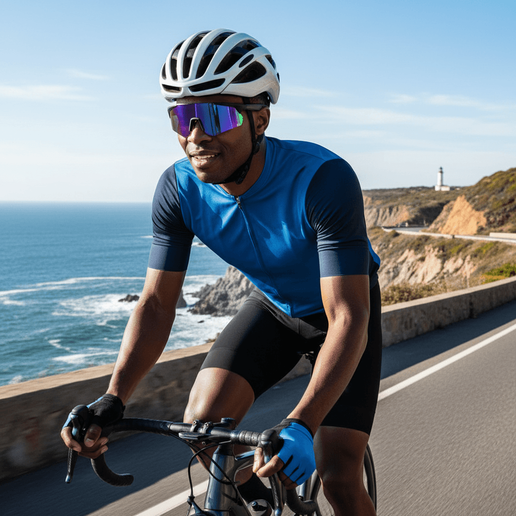 Cyclist wearing Lige Pro 2 AI sports glasses with polarized purple lenses riding along the coast.