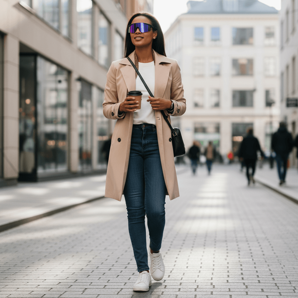 Woman wearing Lige Pro 2 AI sports glasses in a tan trench coat, walking down a city street.