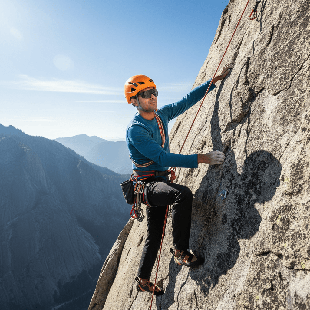 Man climbing a rock face with an orange helmet and sportglasögon, enjoying outdoor adventure.