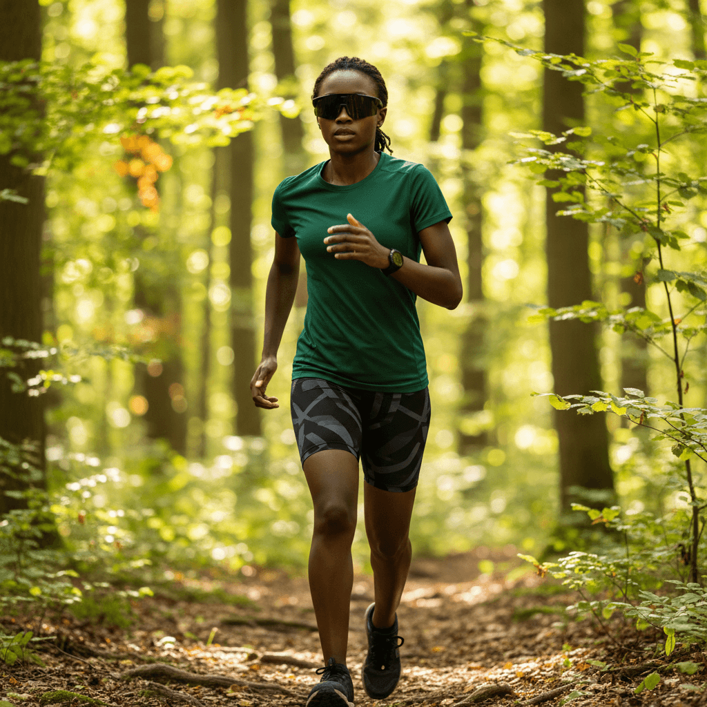 Runner wearing Lige Pro 2 AI Sports Glasses in a forest during outdoor activity.