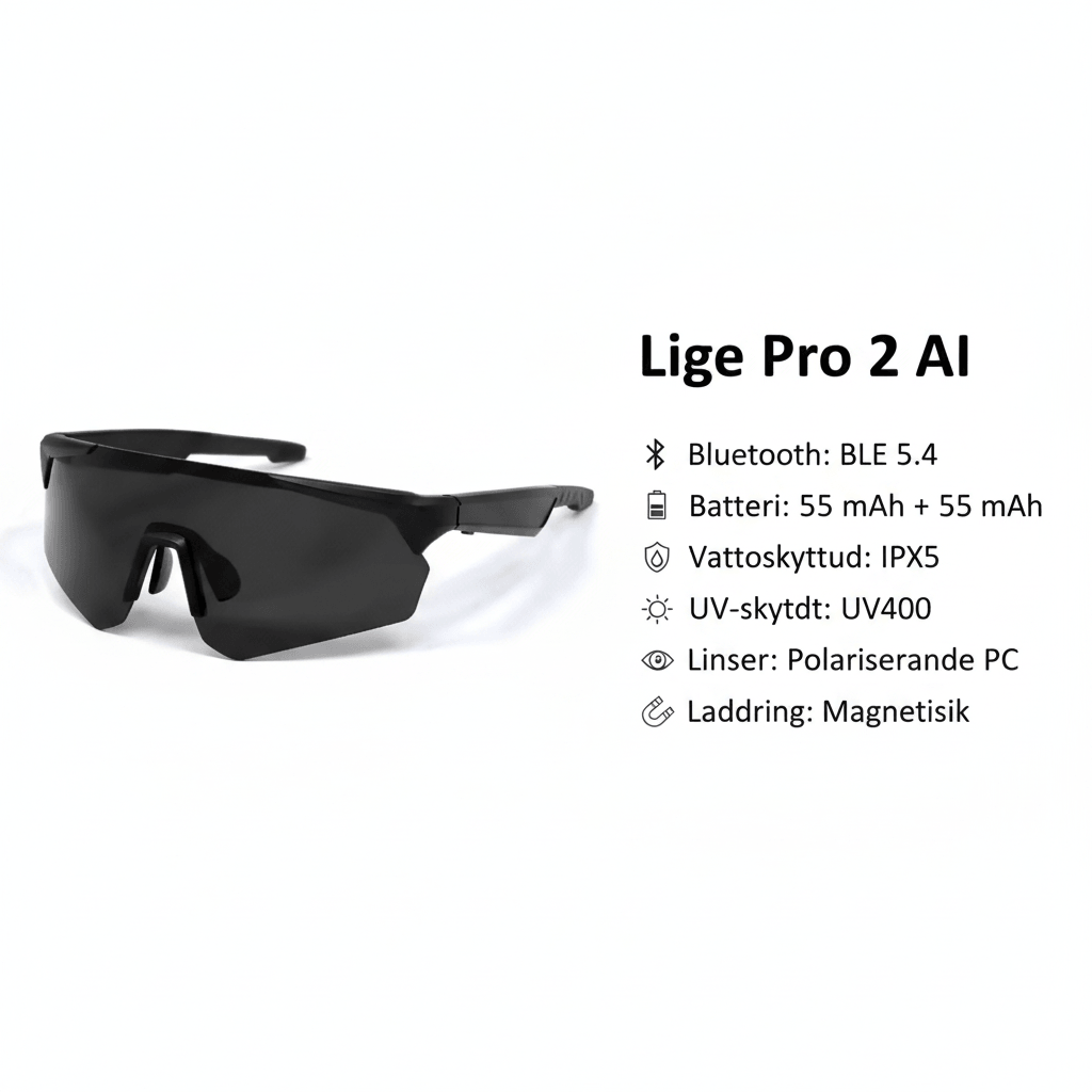 Lige Pro 2 AI Sports Glasses with black frames and lenses, featuring polarized lenses and hands-free capabilities.