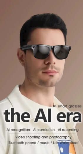 Man wearing black Lige Pro AI Glasses in a lifestyle promotional image.
