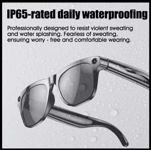 Black Lige Pro AI Glasses shown with water droplets in a splash-resistance illustration.