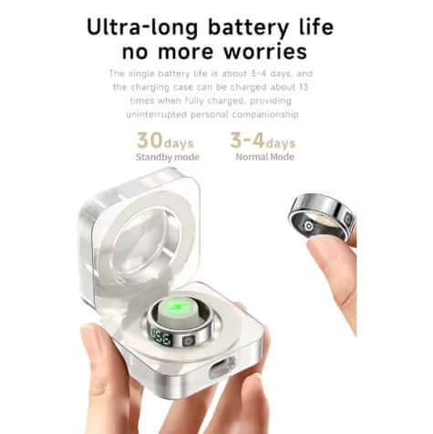 Luxuglow Charger for Smart Rings showing ultra-long battery life and modern transparent casing