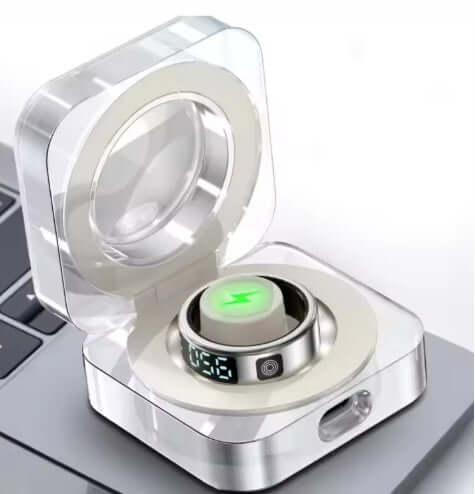 Luxuglow Universal Charger for Smart Rings in transparent casing with LED indicator and modern design.