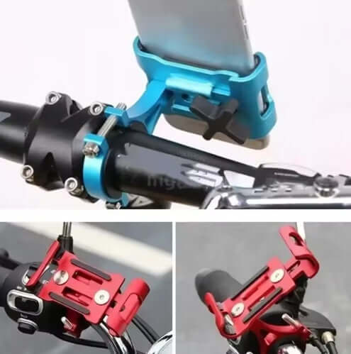 Non-Rotating Phone Holder for bicycles and motorcycles, secure grip, adjustable design in blue and red.
