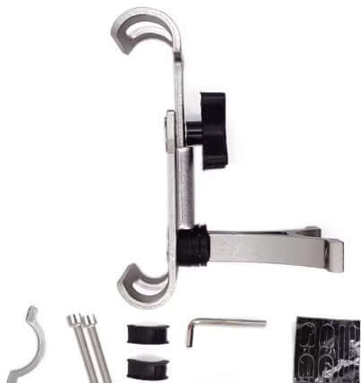Close-up of Mobile Phone Holder for Bicycle/Motorcycle, 360° rotatable, silver color, showing attachment details.