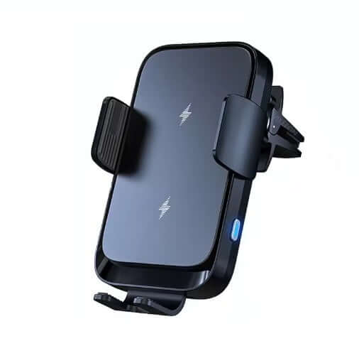 Mobile phone holder with 15W charger and USB-C cable in black design for secure and fast wireless charging.