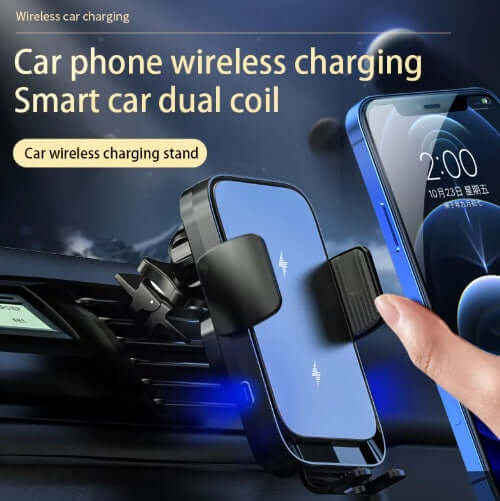 Car Charger: Mobile phone holder with wireless charging and dual coil USB technology.