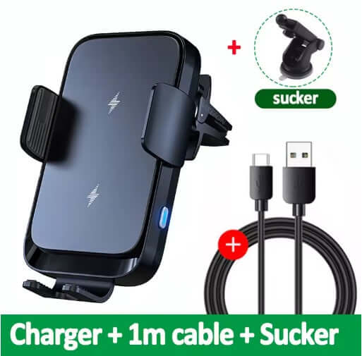 Mobile phone holder suction mount with 15W charger and USB-C cable included.