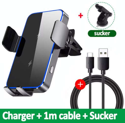 Mobile phone holder suction mount with charger 15W and USB-C cable included in black design.