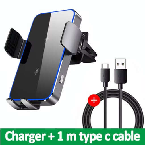Car Charger with mobile phone holder and 1 m USB-C cable for convenient charging and mounting.