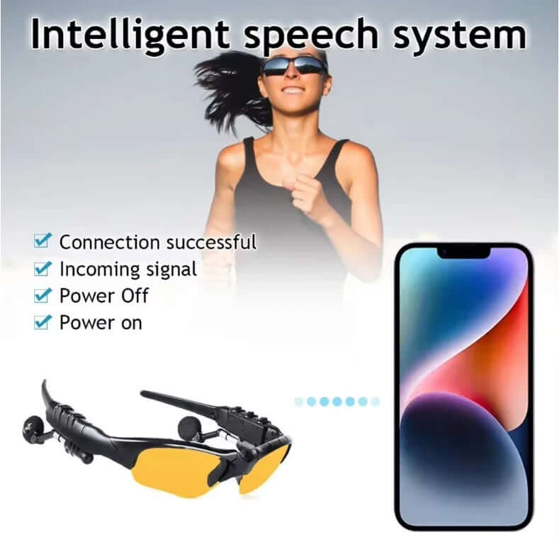 OnePlus AI Sports Glasses showcasing intelligent speech system with a runner and smartphone, highlighting Bluetooth connectivity.