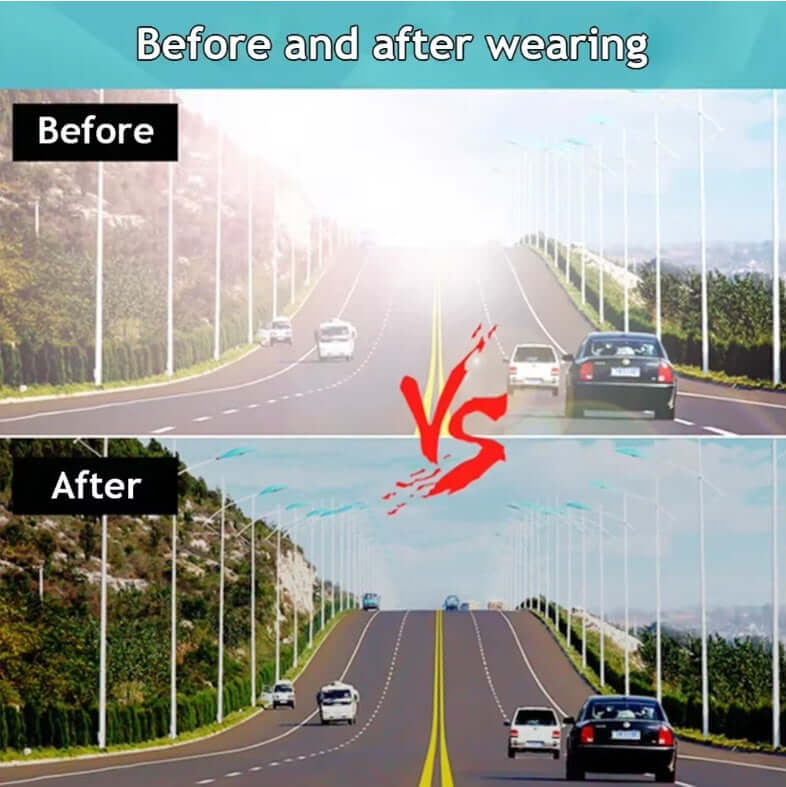 Before and after comparison of visibility when wearing Sports Glasses, showcasing improved clarity for driving.