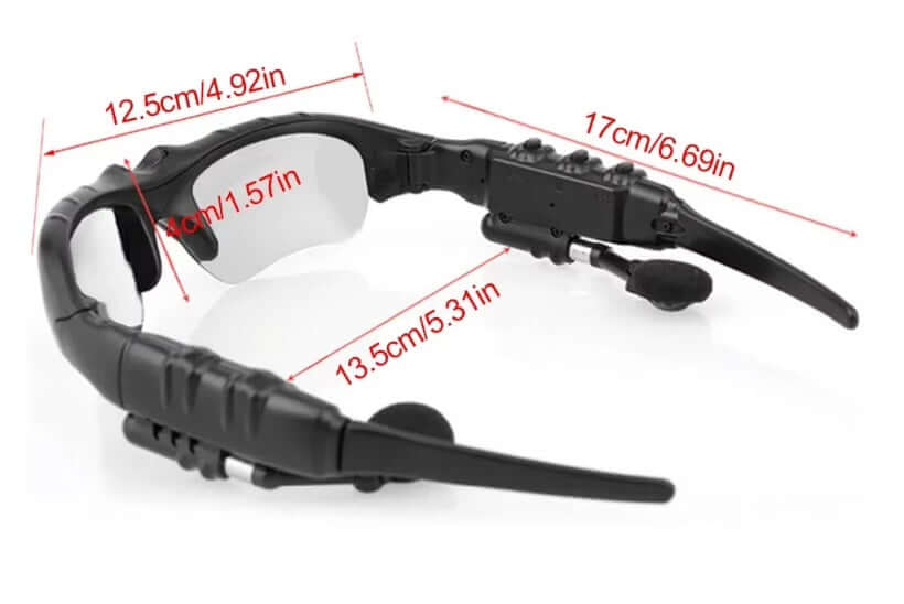 OnePlus AI Sports Glasses with black lenses and blue frames showcasing dimensions and audio features.