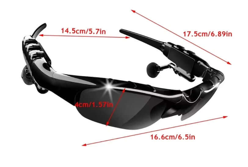 OnePlus AI Sports Glasses with blue frames and black lenses, showcasing dimensions, perfect for outdoor activities.