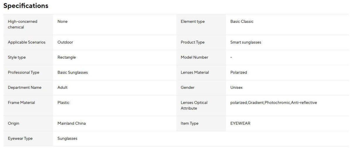 Specifications for OnePlus AI Sports Glasses including product type, material and attributes.