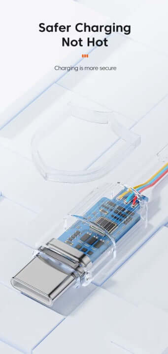 Universal Charging Cable close-up showing safer charging technology, blue circuit board and USB-C connector.