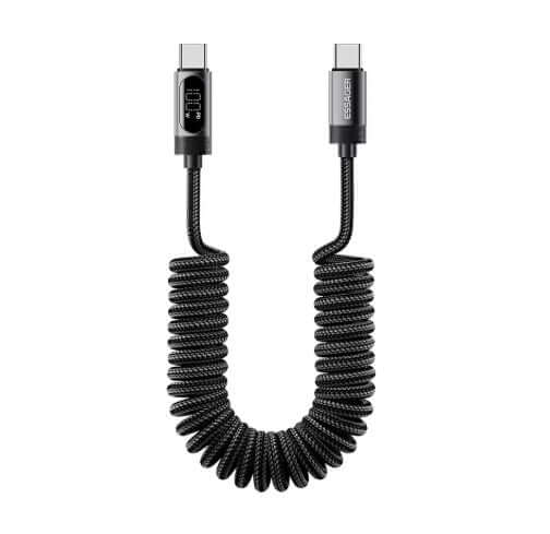Spiral Cable Car Charger 100W USB-C to USB-C – Black 1.8 m used for fast charging of devices in the car.