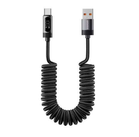 Spiral Cable Car Charger 100W USB-A to USB-C – Black 1.8 m designed for fast charging in vehicles.