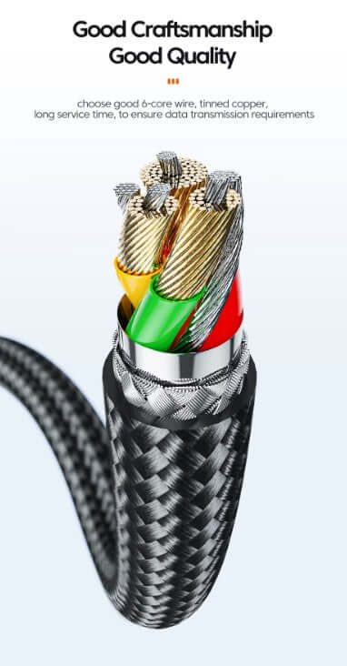 Universal Charging Cable showcasing quality craftsmanship and 6-core wire construction for optimal data transmission.