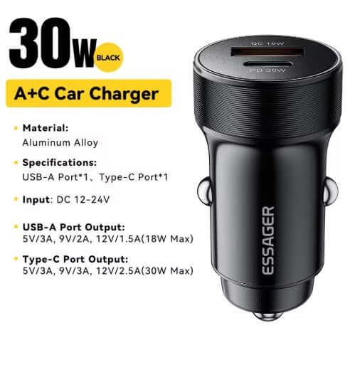 Universal Car Charger USB-A + USB-C, Black 30W - 12V Car Socket for fast device charging.