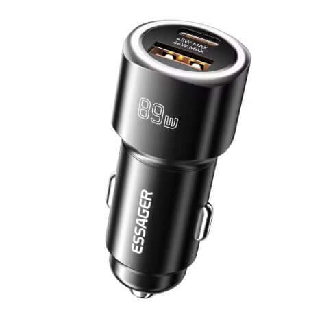 Universal car charger USB-A + USB-C, black 89W for charging devices on the go, ideal car charger.