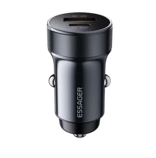 Universal car charger with USB-A and USB-C ports, 30W output, gray design, ideal for charging devices in a car.