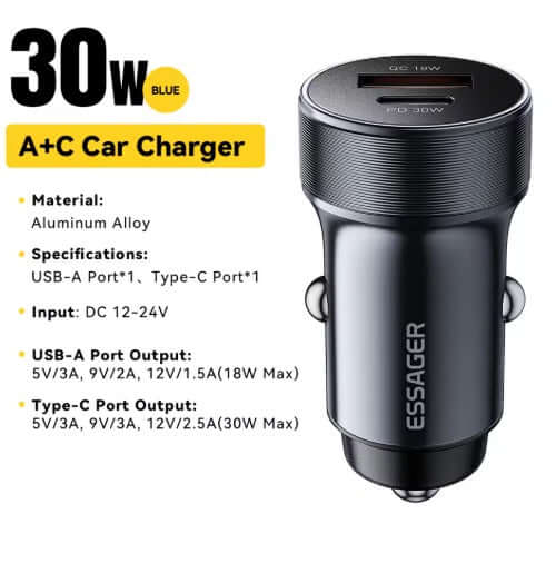 Car Charger 30W with USB-A and USB-C ports, gray aluminum alloy design for efficient charging in vehicles.