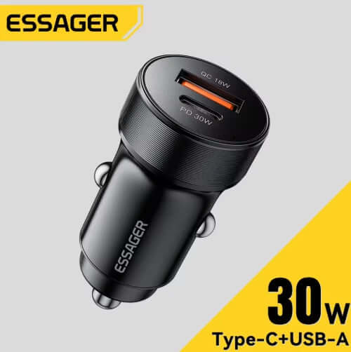 Universal car charger with USB-A and USB-C ports, 30W power output, sleek black design for convenient charging.