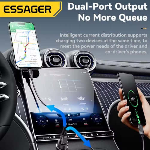 Car Charger with dual-port output charging two devices in a car for efficient travel convenience.