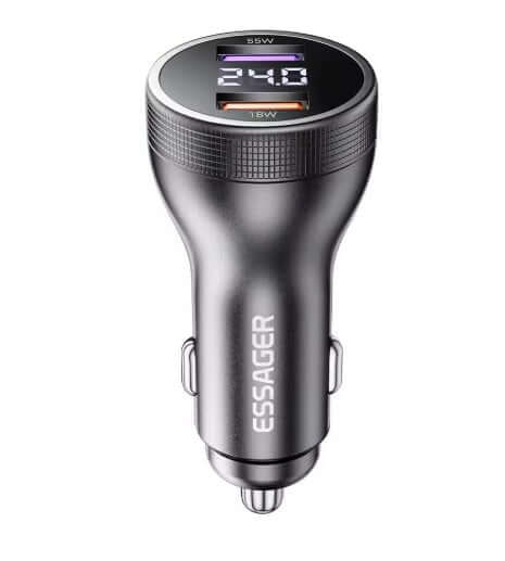 Universal car charger with display 2 x USB-A, Black 73W - 12V car socket for fast charging. Car Charger.