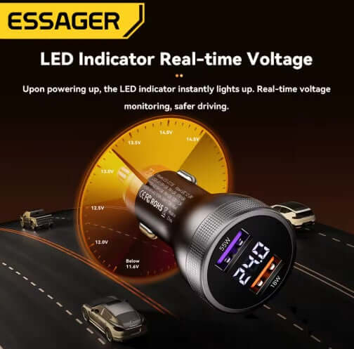 Universal car charger with display showing real-time voltage and LED indicator for safety during driving.