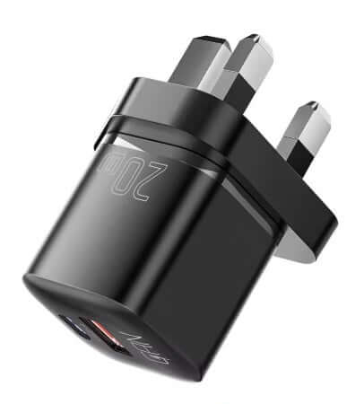 Charger USB-A + USB-C, Black 20W Type G UK plug, compact design, perfect for travel - 2-pack