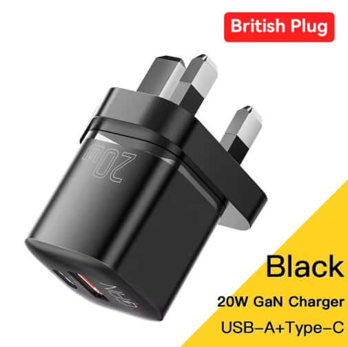 Universal charger USB-A + USB-C, Black 20W - Type G (UK plug) - 2-pack