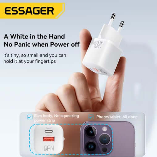 Charger held in hand, showcasing its compact design; perfect for travel and modern devices.