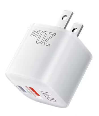 Universal charger USB-A + USB-C in white, 20W output, perfect for US plug use.