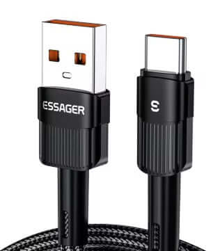 Universal Charging Cable 100W USB-A to USB-C - Black, 3.0m charging cable connectors close-up.