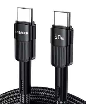 Close-up of Universal Charging Cable 60W USB-C to USB-C - Black with textured connectors and braided cable.