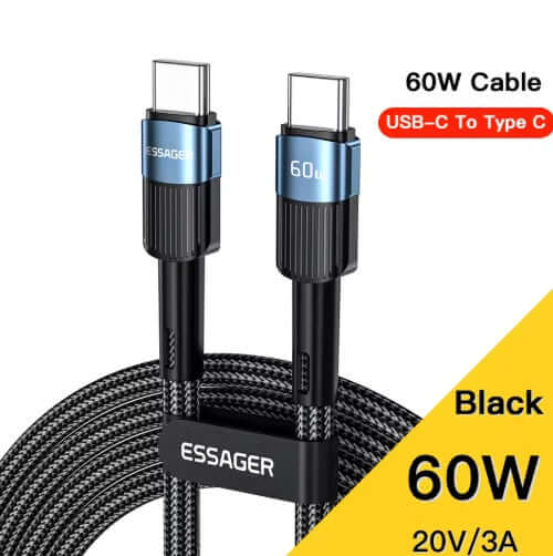 Universal Charging Cable 60W USB-C to USB-C in Black/Blue, 2.0 m length for fast charging and data transfer.